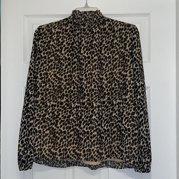 J Crew Factory Leopard Long Sleeve Chiffon Gathered Mock Neck Blouse - Picture 11 of 11